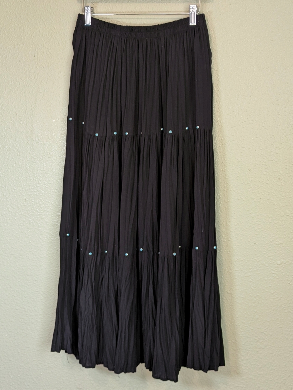 Black Tiered Maxi Skirt with Turquoise Studs